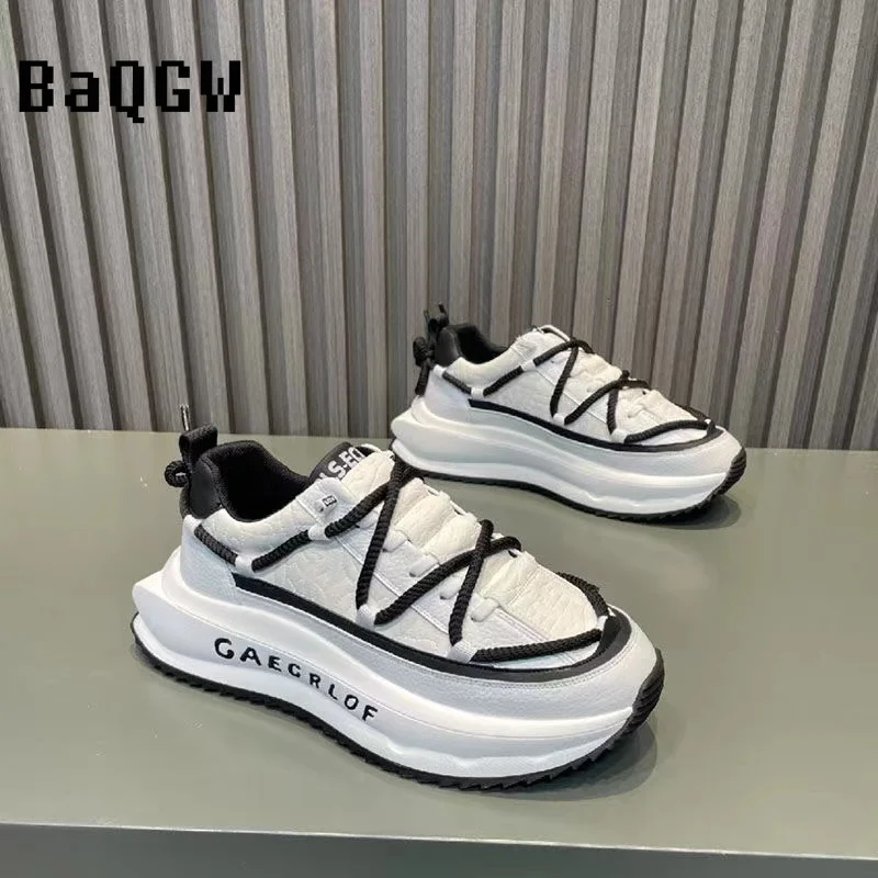 Fashion Lace-up Design Men Black White Causal Running Flats Platform Shoes Punk Loafers Sport Walking Sneakers Zapatillas Hombre