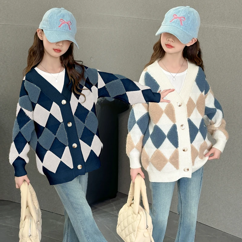 2025 new autumn children's college style cardigan winter girls' knitted jacket boys' diamond checkered sweater jacket