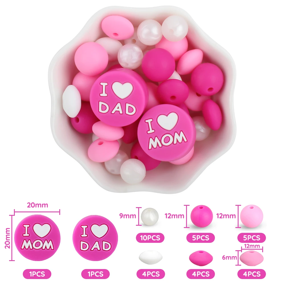 34Pcs/Pack Round Silicone Beads I Love Mum Dad Chewing Beads For Jewellery Making DIY Pacifier Clips Chain Teether Teething Toys