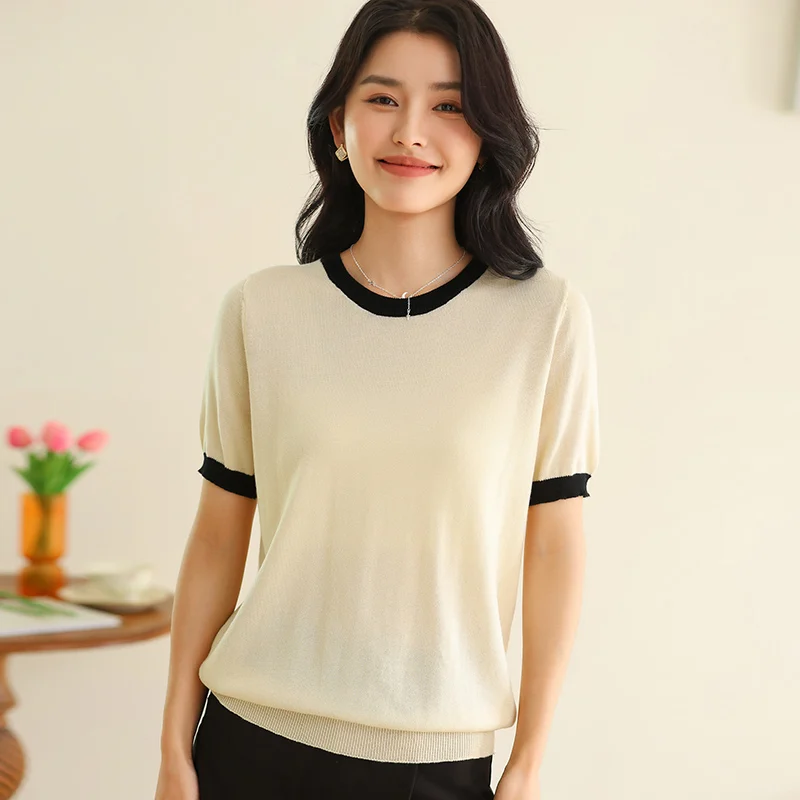 

Футболка из 100% чистого хлопка с круглым вырезом и короткими рукавами, женский контрастный свободный трикотажный свитер, трикотажный свитер с короткими рукавами, тонкий хлопок.
