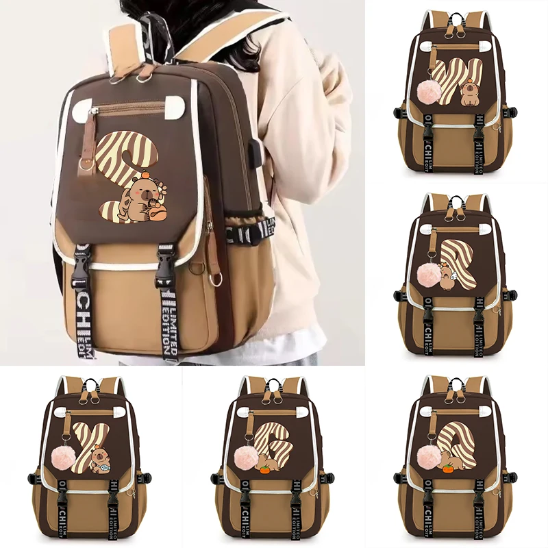 Funny Capybara Alphabet A-Z Backpacks Cartoon Schoolbag for Teenage Boys Girls Large Capacity Female Travel Rucksack college bag