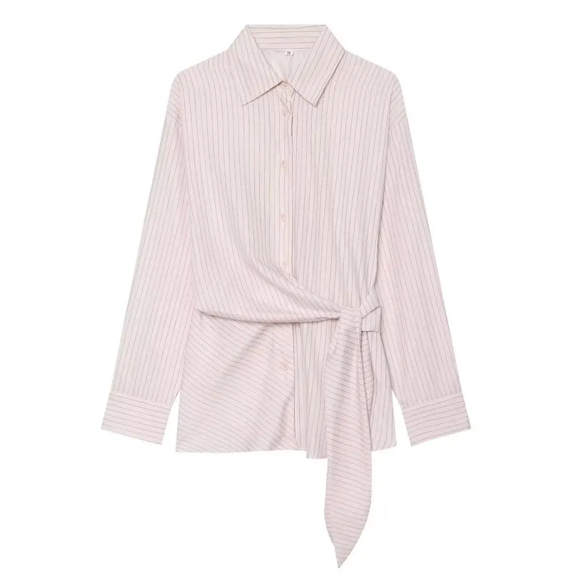 Fall 2026 Women's Printed Shirt Micro Transparent Side Bow Tie Loose Fit Long Sleeve Commute Style Fashion Ladies' Premium Cl...