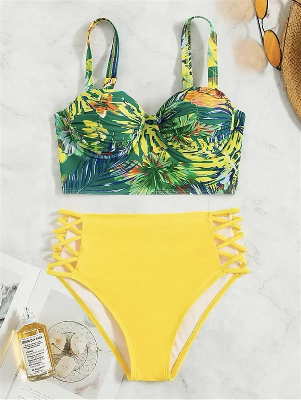Sexy Push-Up-Bikini mit Blumenmuster, hoher Taille, aushöhlen, Y2K-Urlaubsbadebekleidung, Damen-Tankini, 2-teiliges Strand-Outfit, Badeanzug