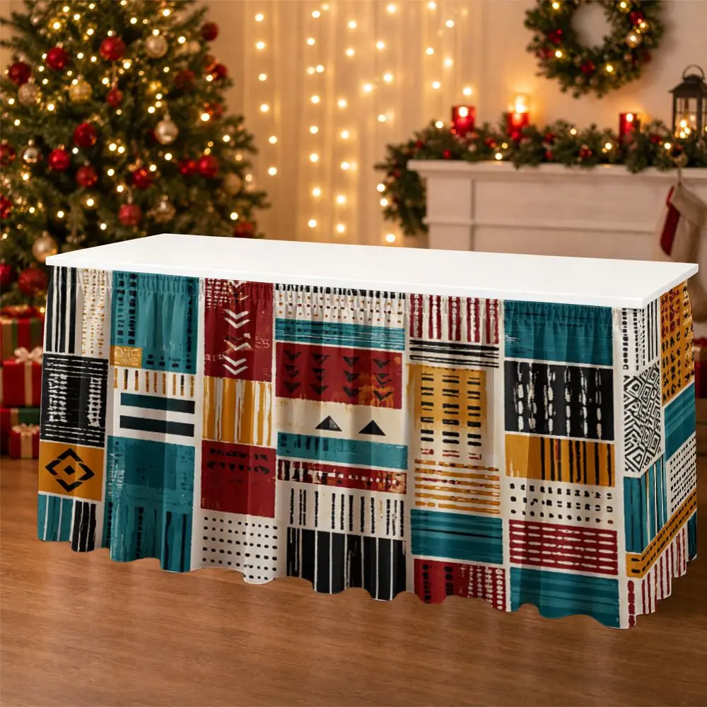 One-piece party table skirt decoration - Geometric tribe patchwork pattern printed ruffled table edge