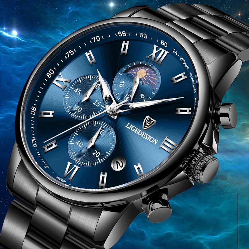 

LIGE оригинальный дизайн, мужские часы, лучший бренд, роскошные деловые стальные повседневные часы с датой и фазой Луны, водонепроницаемые светящиеся кварцевые часы для мужчин