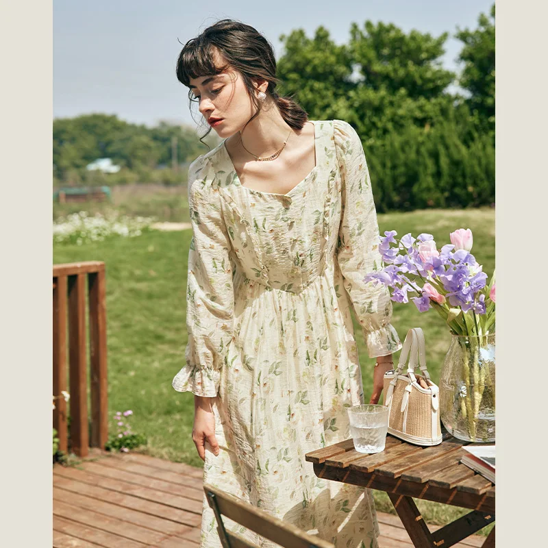 

OLrain French Floral Dresses 2025 Woman Autumn Elegant Square Neck Print Dress A-line Midi Tea Break Dress Female O23CL69855