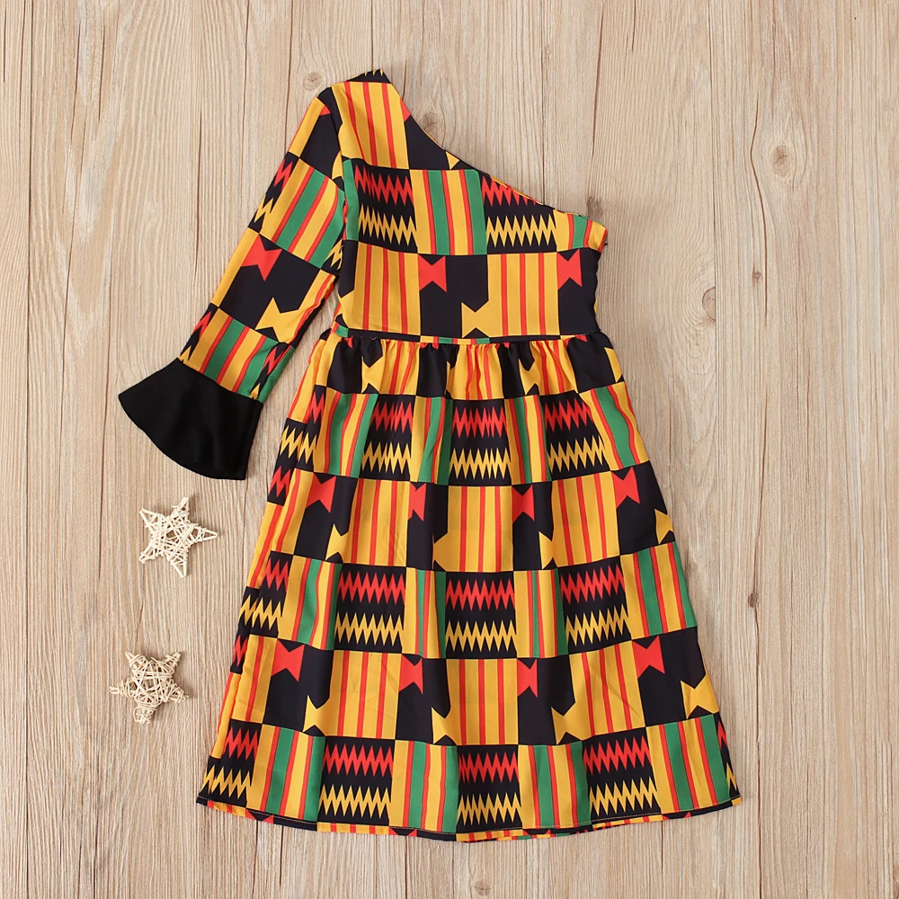 Children\'s European and American spring and autumn African Bohemian style off-the-shoulder one-sleeved dress long dress chil