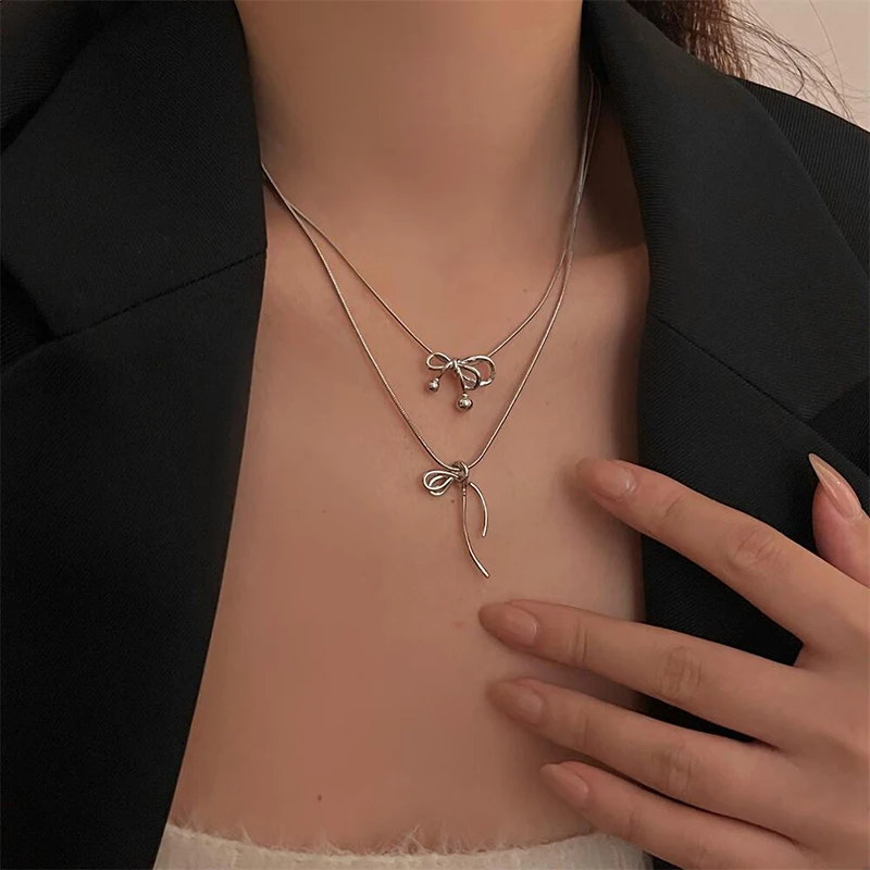 Trendy Long Bowknot Necklace Silver Color Clavicle Chain For Woman Elegant Vintage Sweet Bow Choker Necklace Party Jewelry Gifts