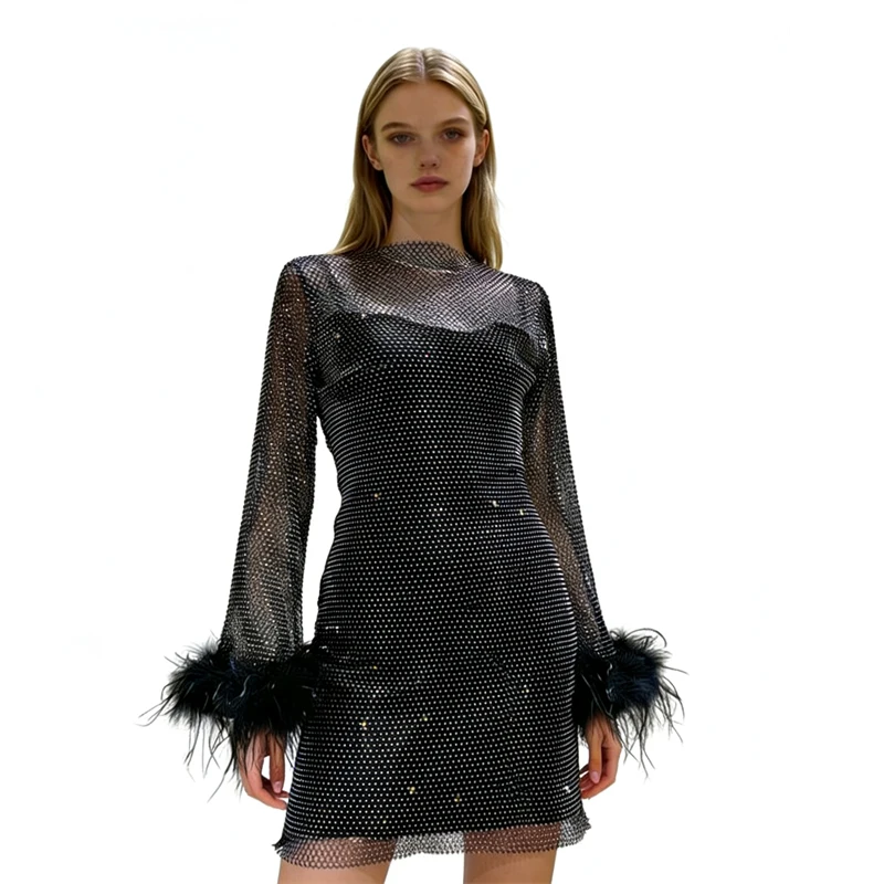 Damen Voll-Strass Netz-Bodycon-Minikleid mit Straußenfedern-Manschette, Langarm, Durchsichtig, für Nachtclub, Geburtstag, Abendveranstaltungen – Detail 2