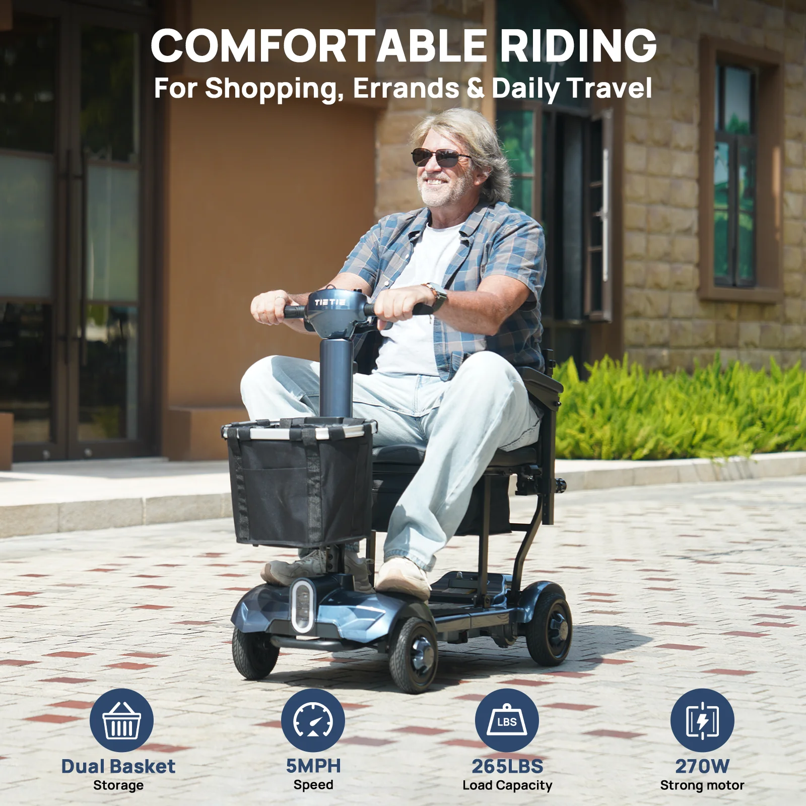 4-Wheel Foldable Electric Mobility Scooter for Seniors, 270W All-Terrain Power Scooter, 265lbs Load Capacity, Lightweight Travel Scooter with LED Headlight, Anti-Tip Wheels, Brake, Dual Baskets & USB, Comfortable Seat