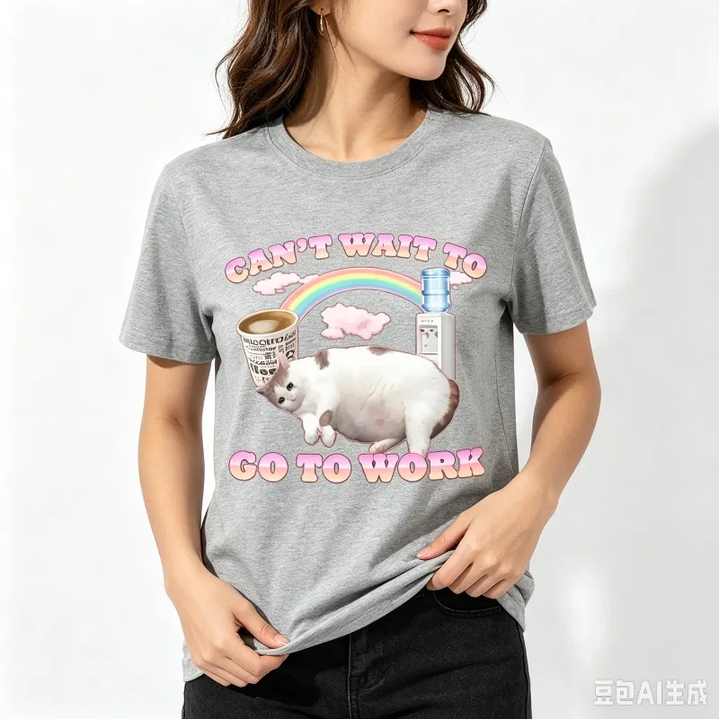 Can't Wait To Go To Work Funny Cat Meme T Shirt Women's Vintage Gothic Rock Punk Short Sleeve Hip Hop T-shirt Summer Streetwear