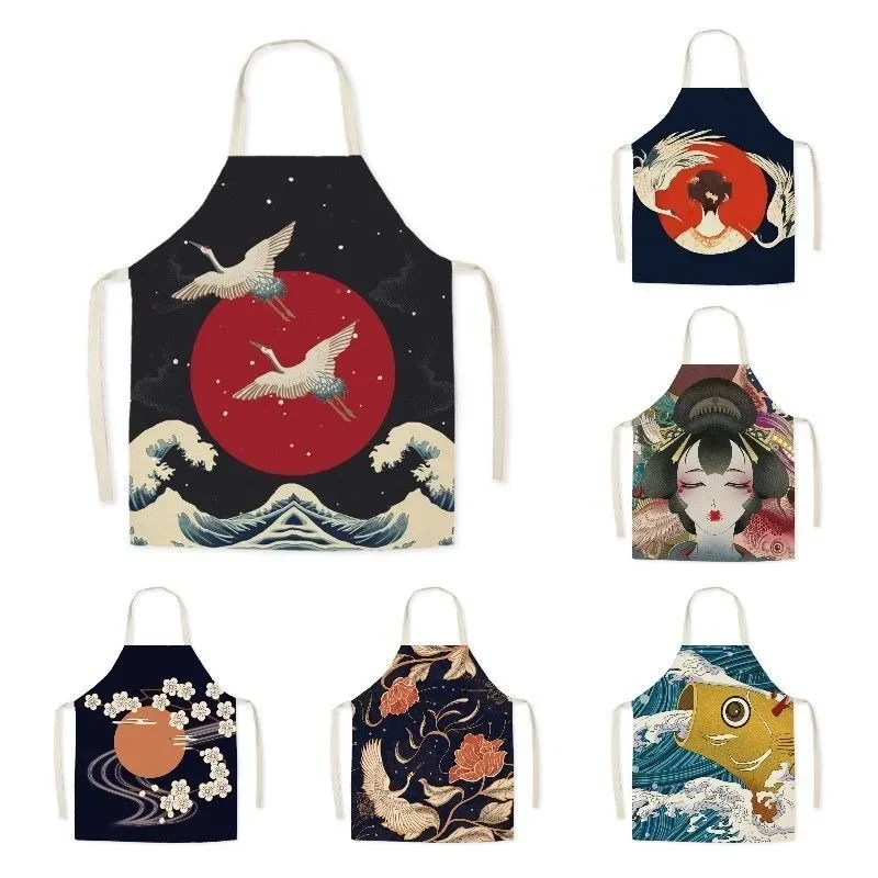 Retro chinesische Kranichmuster Leinenschürze Hausreinigung Anti-Öl Lätzchen Küche Erwachsene Kochen Backen ärmellose Schürze