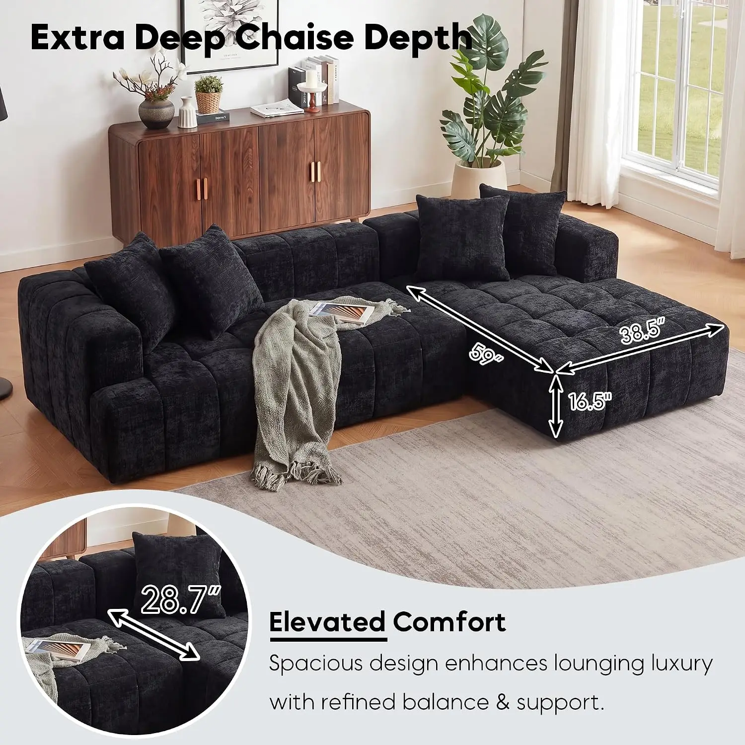Modular L-Shape Cloud Sofa, Minimalist Upholstered Deep Seat Corner Couch for Living Room, No Assembly, Right Chaise, Customized