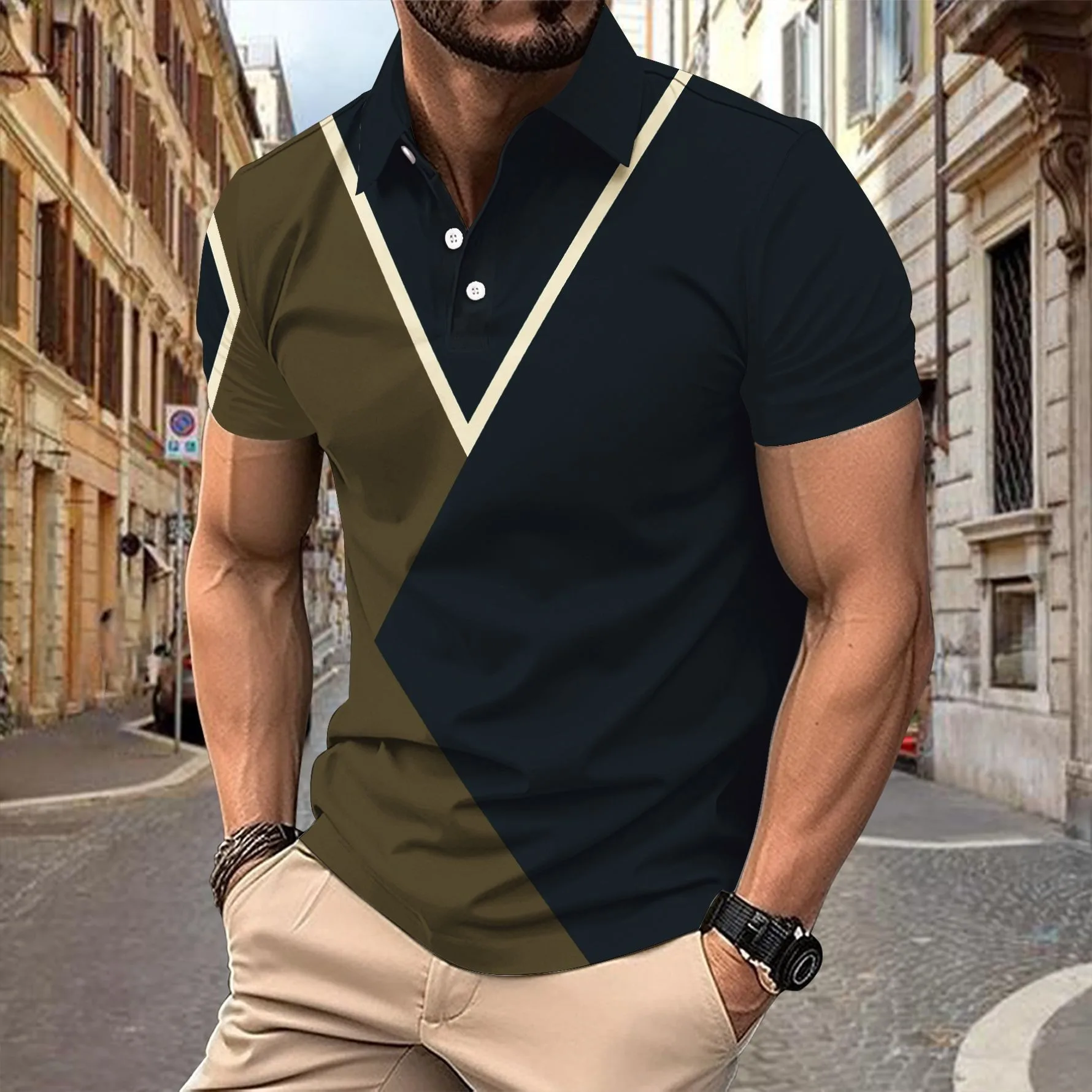 

Лето 2025 г., новая европейская и американская мужская полосатая футболка с принтом и коротким рукавом, повседневная модная рубашка-поло на пуговицах