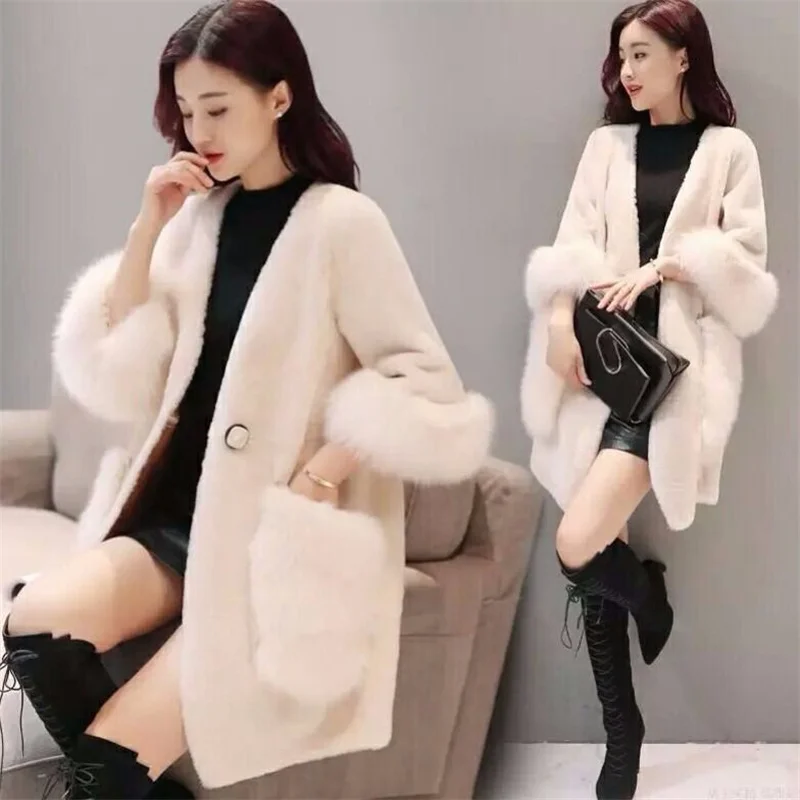 Women Winter New  Medium Length Imitation Fur Coat Beauty Lamb Wool Mink Loose Coat Female Faux Fox Wool Sheep Cut Wool Jacket