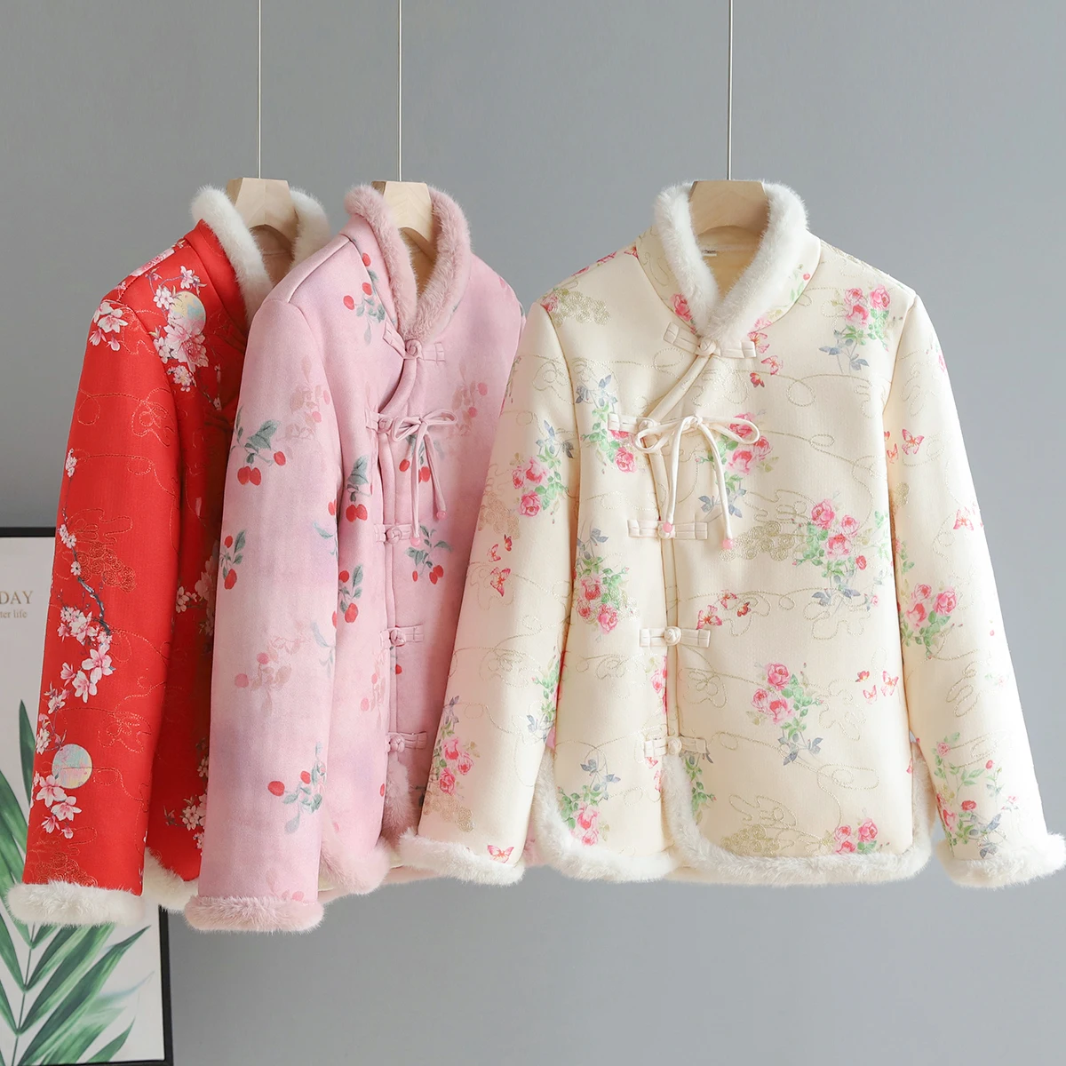 Chinese Style Print Chinese Tangsuit Cotton Coat Women's Winter Thick Button Jacket Chic Hanfu Top Long Sleeve Outwear Cheongsam