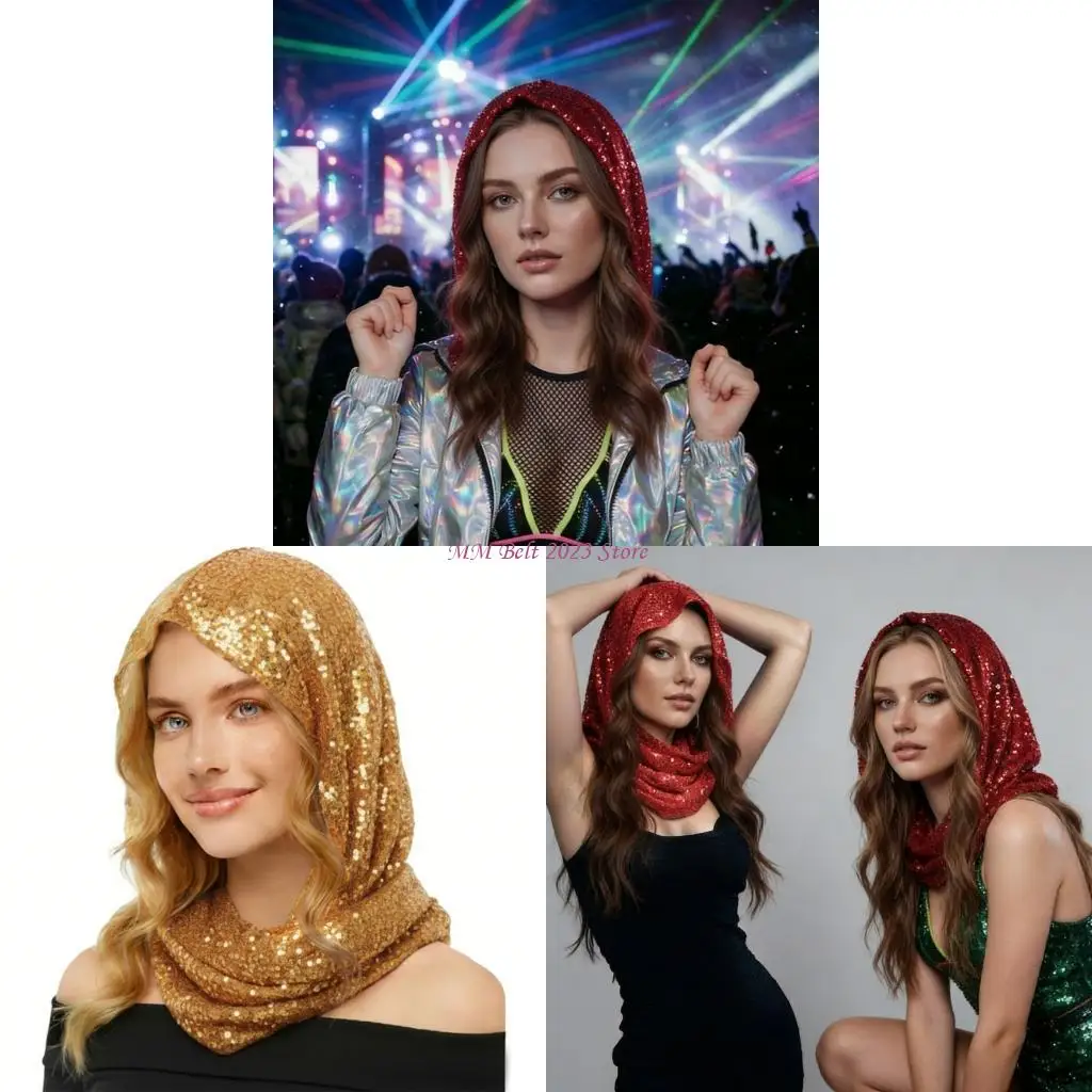 

49ME Washable Sequins Neck Scarf for Women Polyester Fiber Headwrap Neckerchief