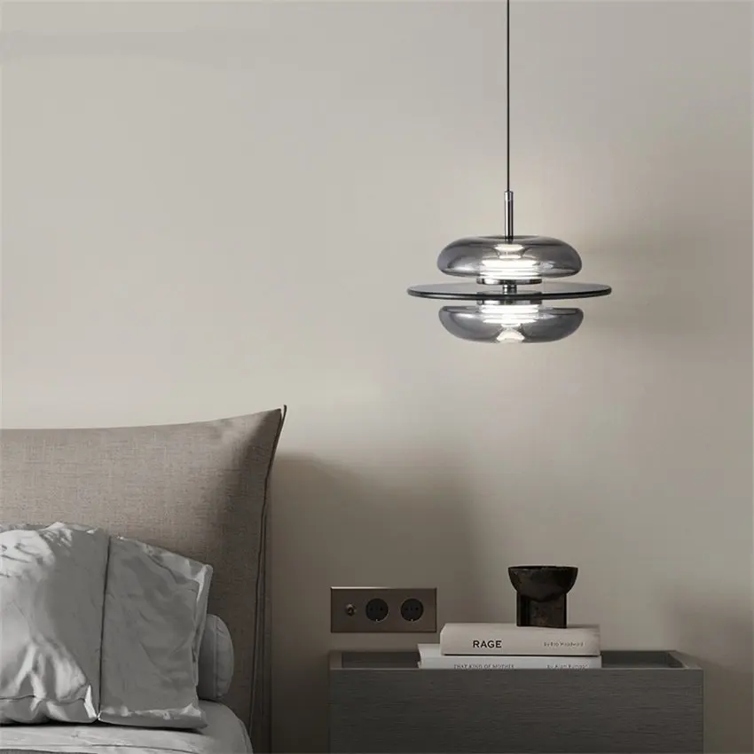 Italian light luxury smoky gray glass pendant lights bedroom bedside lamp Nordic modern room bedroom dimming hanging lights