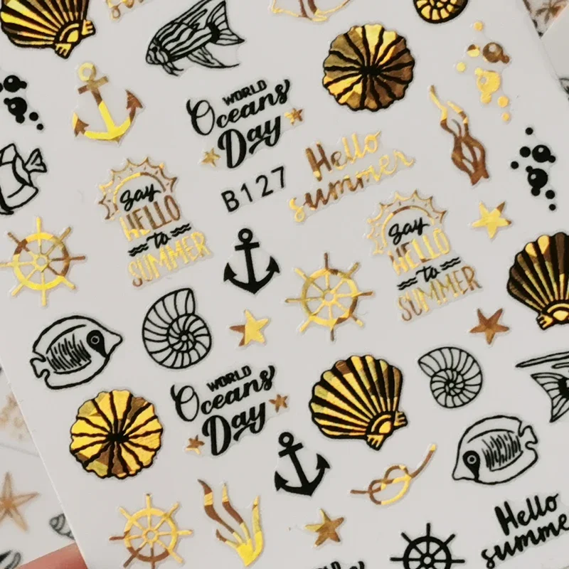 2025 Nail Art Stickers Sea Grass Gold Black Nail Decal Starfish Hippocampal Shell Nail Sticker Manicure Design Decals for Nails