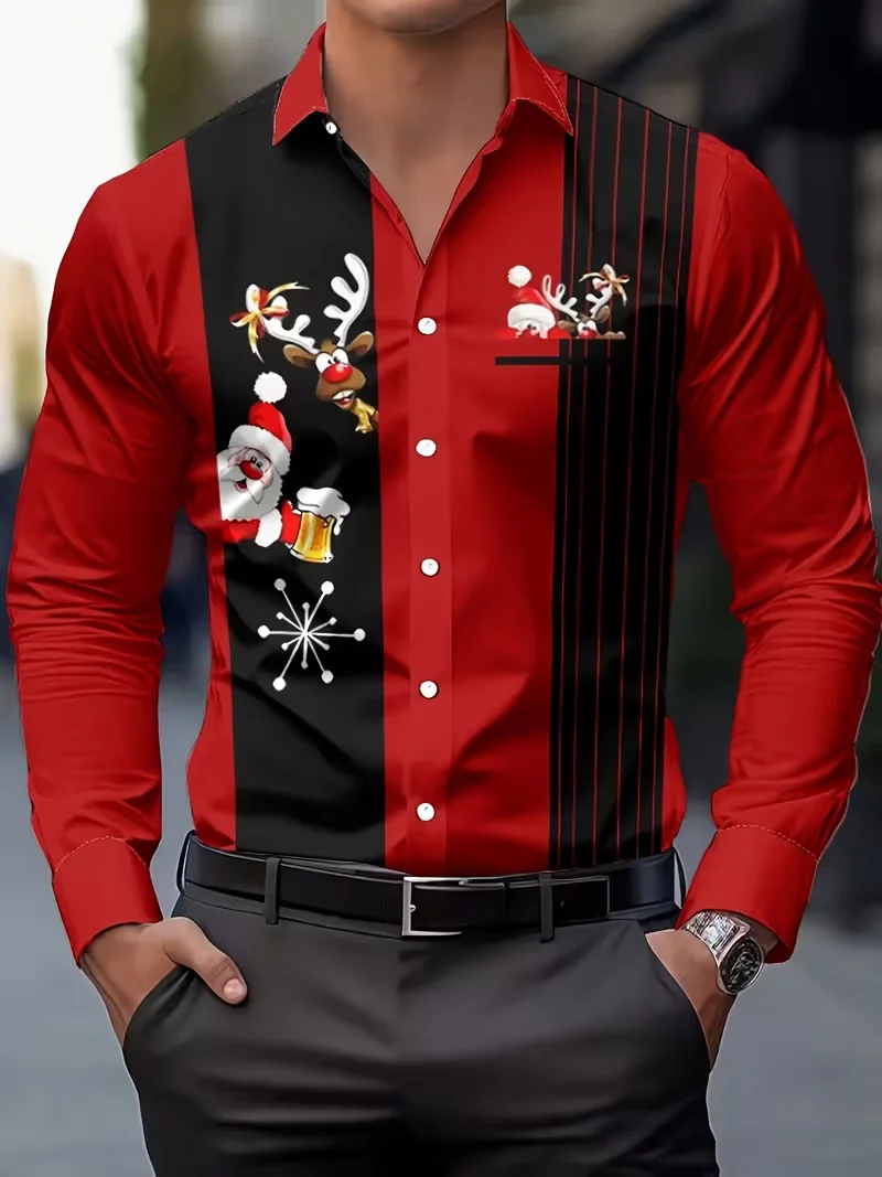 New Men's Santa Claus Christmas Long Sleeve Shirt Elk 3D Printed Shirt Men's Fashion Casual Shirt Christmas