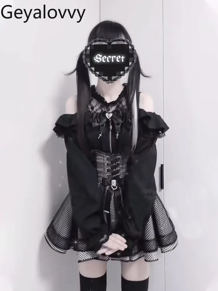 Sweet Girl Black Off-Shoulder Lace Shirt Versatile Long Sleeve Top and High-Waisted Plaid Short Puff Skirt Two-Piece Set