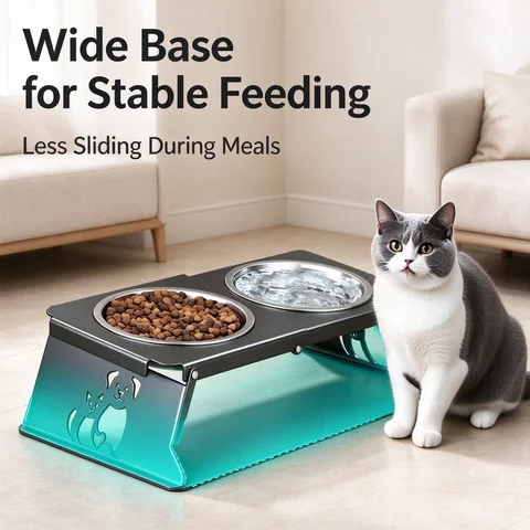 Foldable Pet Bowl Stand Elevated Dog Cat Feeder with 2 Stainless Steel Bowls Non Slip