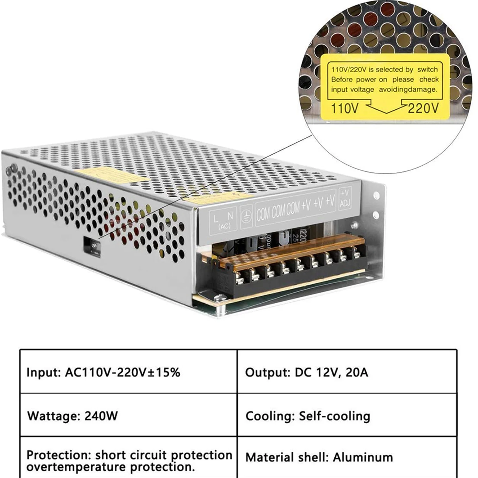 

12V 20A Regulated Switching Power Supply for LED Strip Light Power Supply