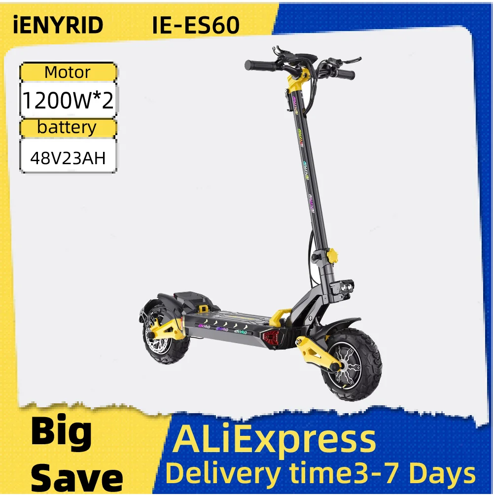 

Электросамокат iENYRID IE-ES60 48V23AH с аккумулятором, складной, для взрослых, 1200W*2, с 11-дюймовыми внедорожными шинами