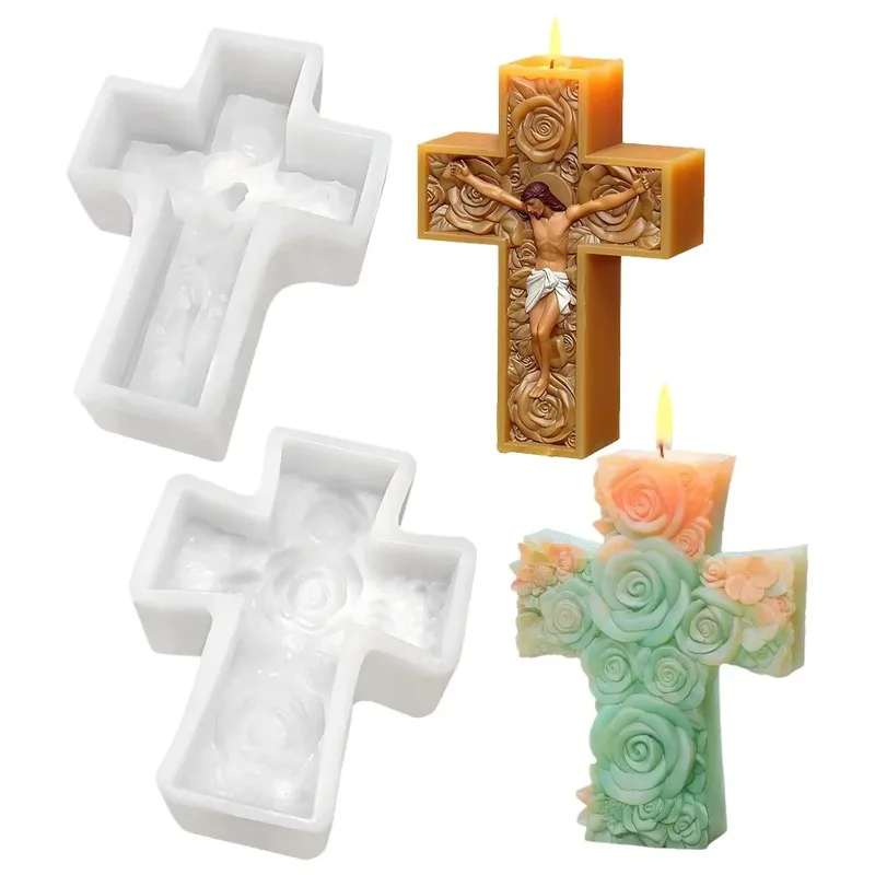 Flower Cross Jesus Silicone Candle Mold 3D Relief Rose Pattern Cross Craft Gypsum/Resin/Soap Mold Religious Ornament Making Tool