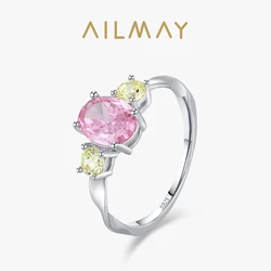 Ailmay 925 Sterling Silver Romantic Green&Pink Cubic Zirconia Ring For Women Wedding Engagement Statement Fine Jewelry