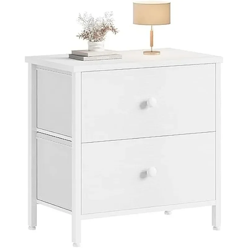 White Nightstand 2 Drawer for Bedroom,Small Night Stand with Fabric Drawers End Table Modern