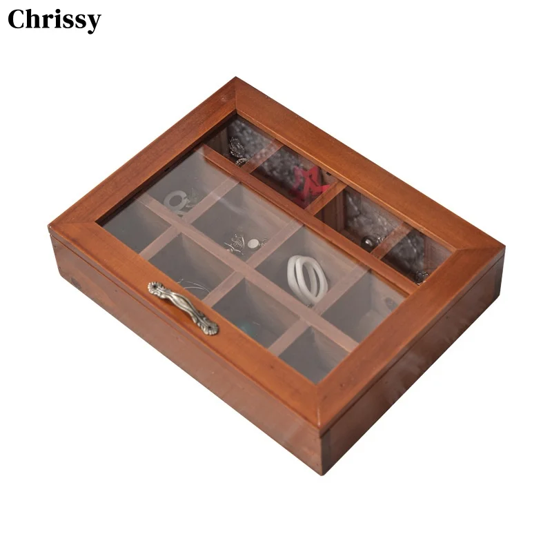 

Retro Wood Jewelry Box Storage Organizer 2 Carents Wooden Box with Glass Cover for Accories And Trinkets