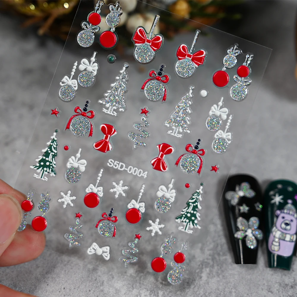 5D Glitter Christmas Nail Art Sticker Cute/Tree/Santa Claus Adhesive Sliders With Shiny Glitter Powder5*6cm Cartoon Xmas Decal
