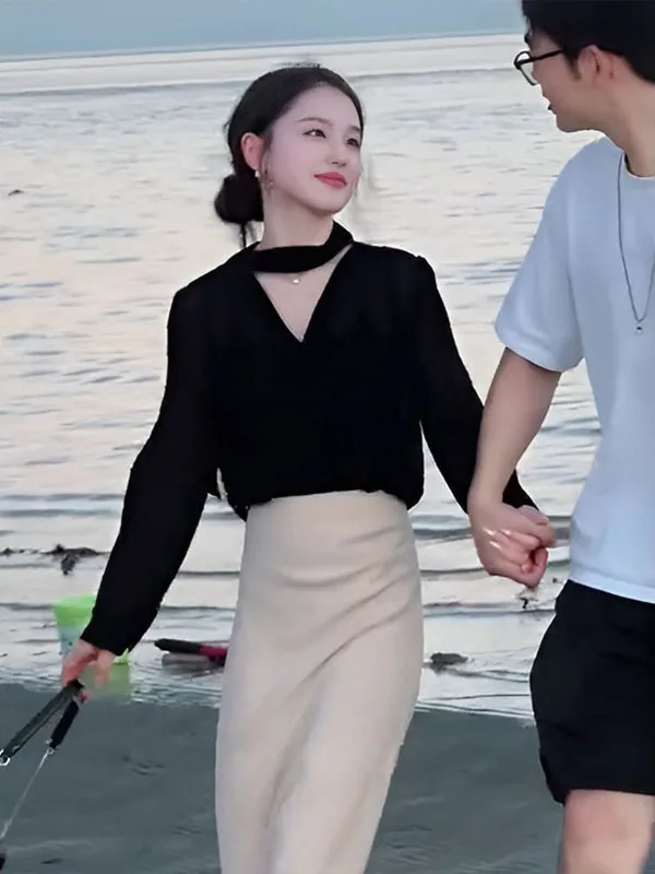 

Elegant Black V-Neck Shirt Women's Fashionable Luxury Commute Top Long Sleeve Autumn New Arrival Two-Piece Set Adult Size