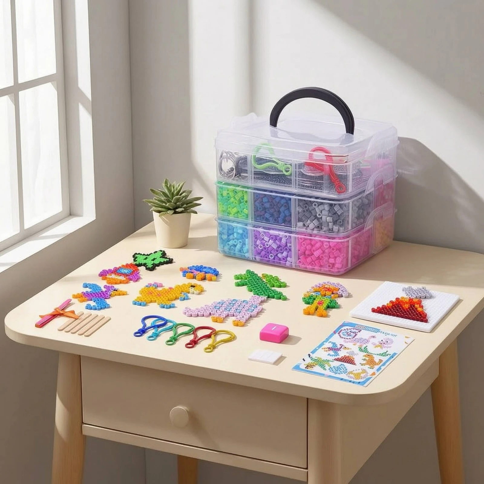 Fuse Bead Craft Kit with Storage Box Translucent Fuse Bead Kit with Pegboards Fuse Beads Craft Set Allall-Inclusive for Children