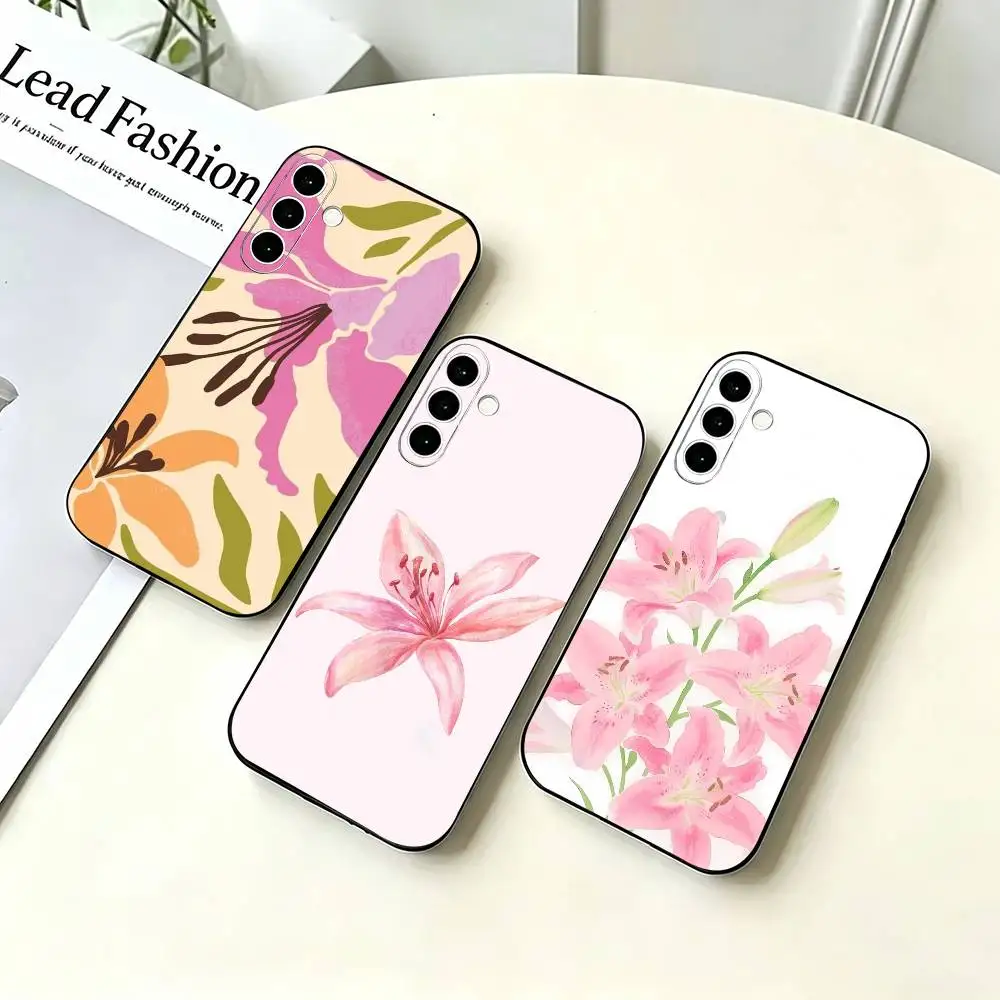 

pink lily flower Black Soft Silicone Phone Case for Samsung A73 20,21,22,31,32,52,53,72
