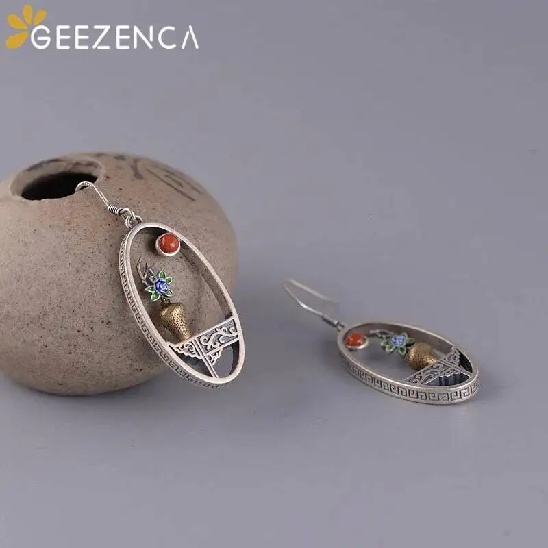 925 Sterling Silver Handmade Enameling Flower Vase Drop Earrings Unique Ethnic Vintage Earring Unusual Personality Fine Jewelry