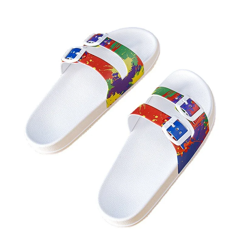 Sandálias criativas de botão duplo para estudantes, Desgaste de verão feminino, Anti Slip Soft Thick Sole Home Slippers, Roupa exterior, Moda