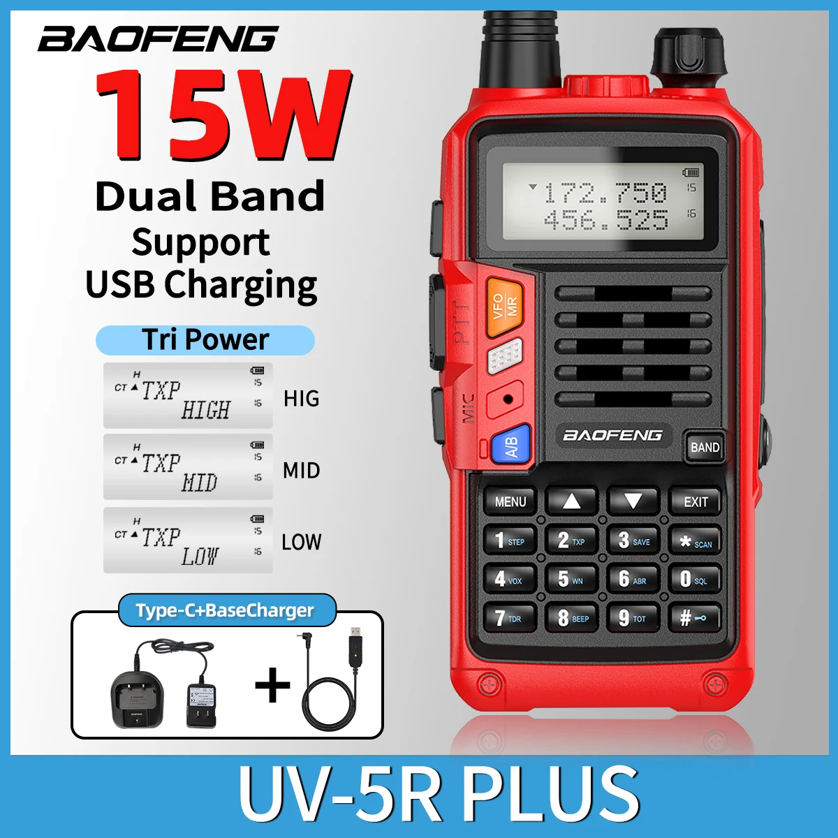Портативное Радио Baofeng Uv-5r Plus, 15 Вт, Uv-ch/uhf-cw, Тройная Зарядка Через Usb, Обновление Большого Радиуса Действия Портативное Радио Baofeng Uv-5r Plus, 15 Вт, Uv-ch/uhf-cw, Тройная Зарядка Через Usb, Обновление Большого Радиуса Действия
