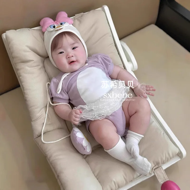 Cute Baby Girl Cartoon Duck Hooded Romper Purple Lace Bodysuit Summer Newborn Infant Clothes Photography Props Set