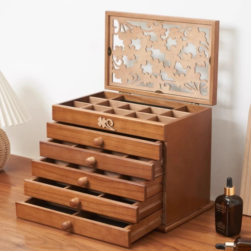 متعدد الطبقات صندوق تخزين المجوهرات الرجعية حلية صندوق تخزين قلادة خشبية أقراط المنظم الحاويات المرأة حلقة سوار #1