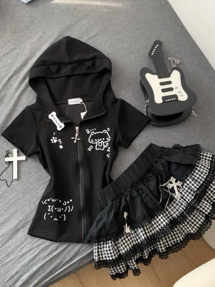 2025 Summer Cute Hot Girl Slim Fit Subculture T-Shirt Women Cat Ear Hooded Short Sleeve Jacket Black Versatile Short Skirt