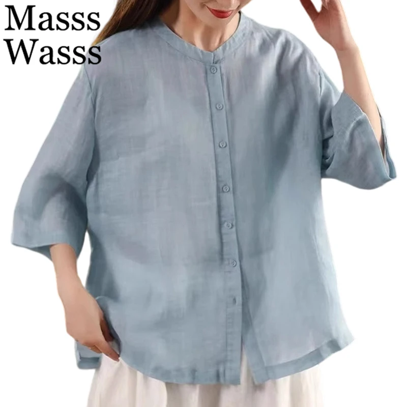 

Masss Wasss Korean 2025 Summer Ladies Fashion Casual Vintage Shirts Womens Classic Elegant Blouses Loose Soild Cotton Linen Tops