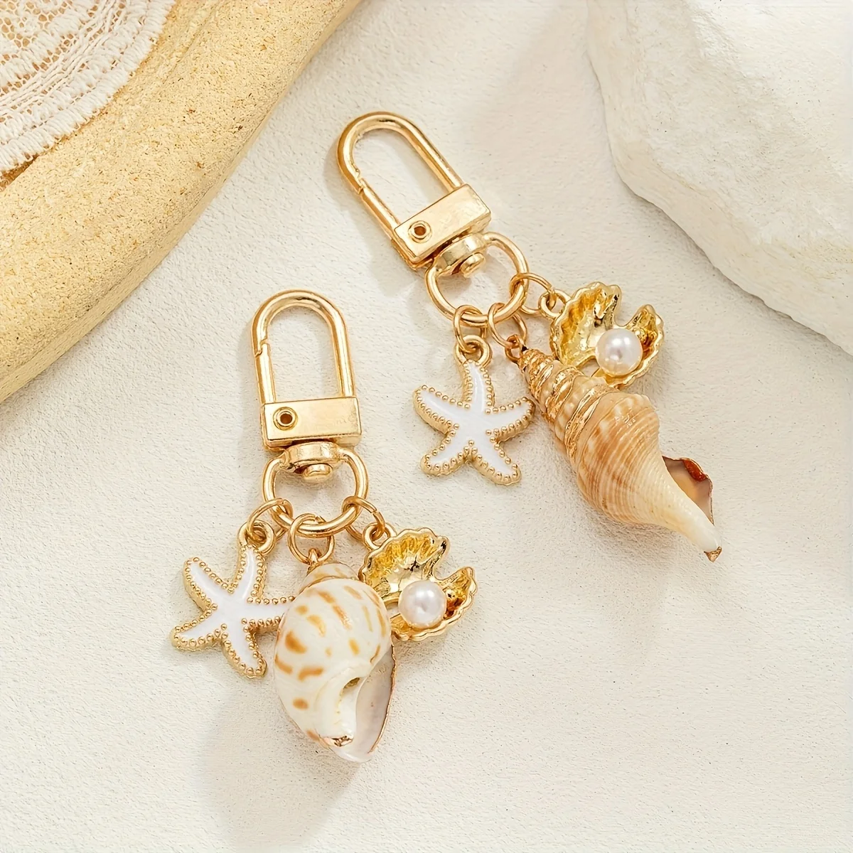 3pcs Beach Theme Shell & Starfish Keychain with Imitation Imitation Pearl - Golden-Tone Clasp, Durable Metal Key Ring for Women'