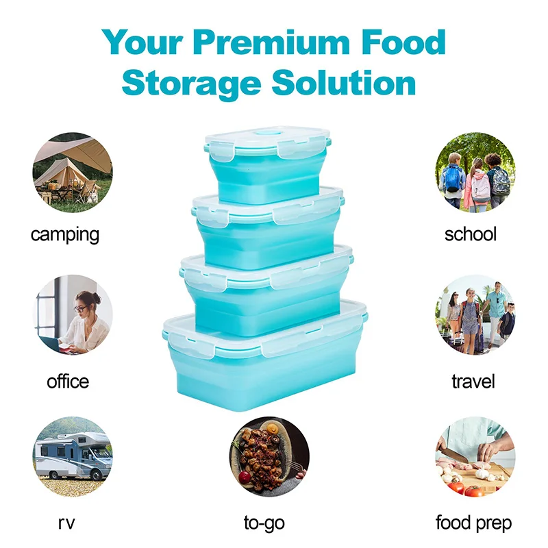 Collapsible Silicone Food Storage Container,Bento Lunch Boxes For Kitchen, Microwave Safe. Foldable Design Saves Your Space.