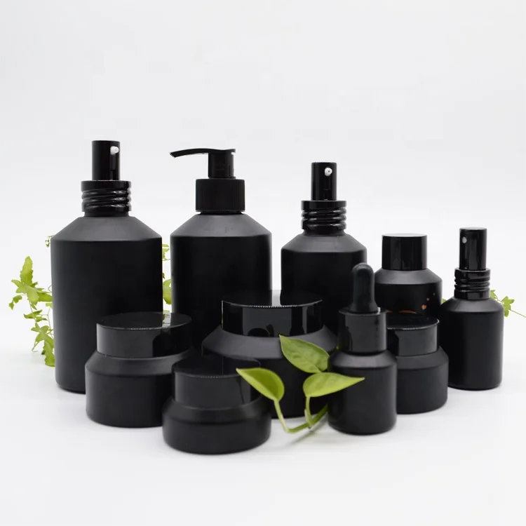 3Pcs wholesale 1oz 4oz fancy frosted matte black cosmetic glass bottle and jar pump bottle for lotion serum cream Eye Cream jars