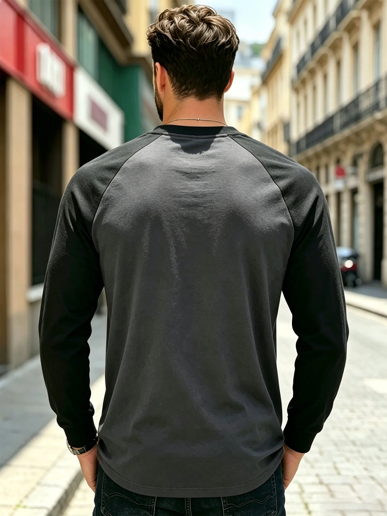 Autumn Men Long Sleeve Crew Neck Contrast Color Tshirt Ribbed Cuff Curved Hem Breathable Sport Streetwear Tops