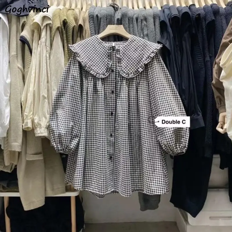 Koszule damskie wiosna nowy Plaid kołnierz piotruś Pan Ruffles luźne wszystkie mecze College japoński Mujer Kawaii Swwet delikatna koszulka Femme