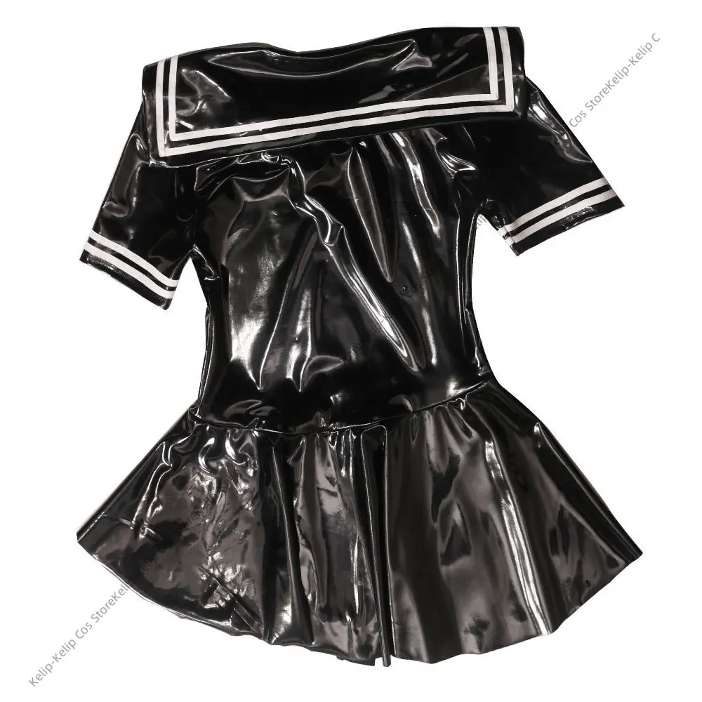 Anime defoko Collar Wet Look PVC Cosplay Dress Short Sleeve A-line  PU Leather Vestido Sexy Minifalda Stage Performance