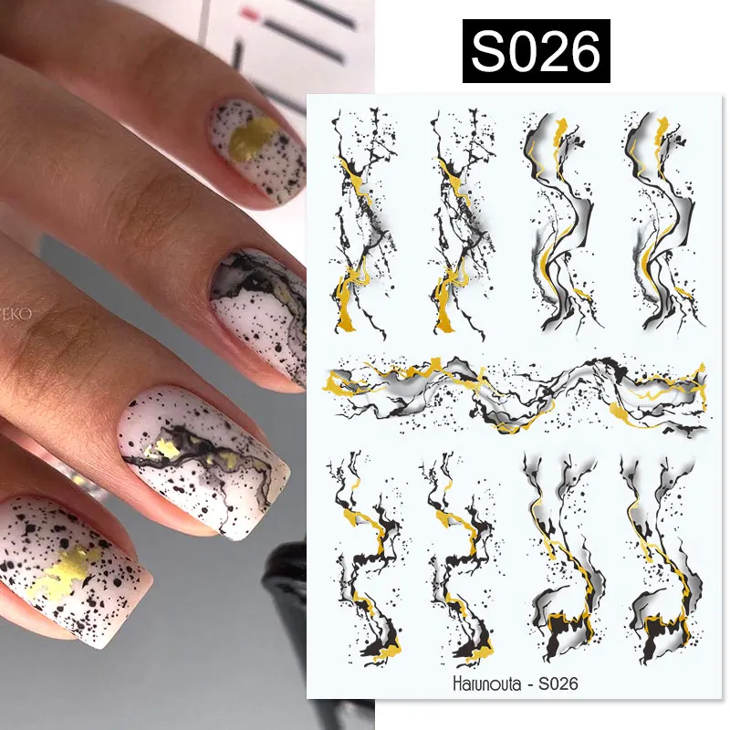 Harunouta Blooming Ink Marble 3D Nail Sticker Decals Leaves Heart Transfer Nail Sliders Abstract Geometric Line Nail Water Decal